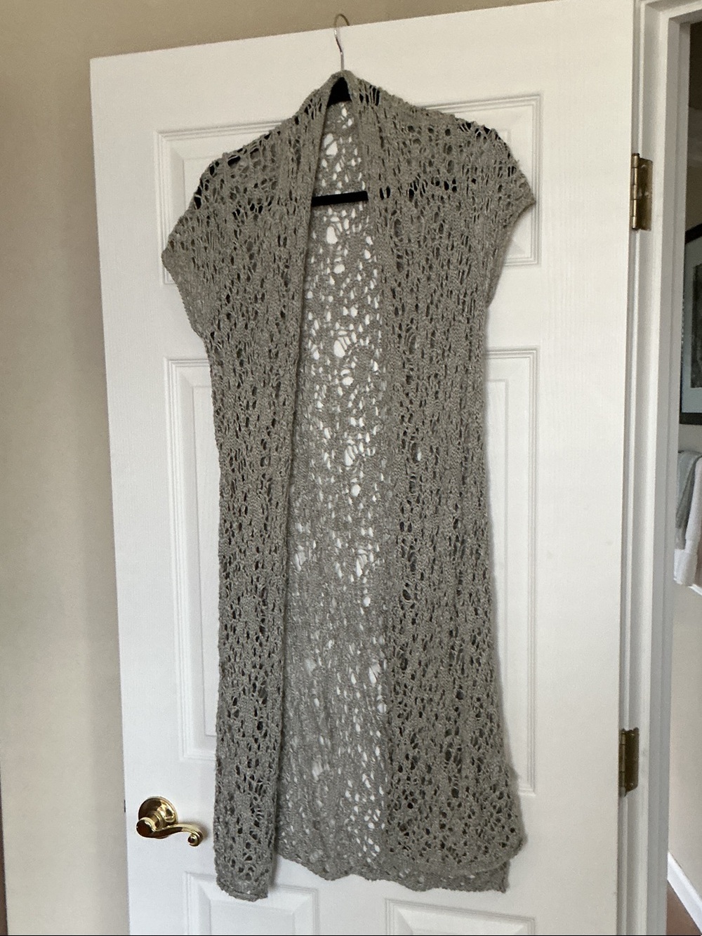 Eileen Fisher Light Gray Crochet Open-Front Long Vest